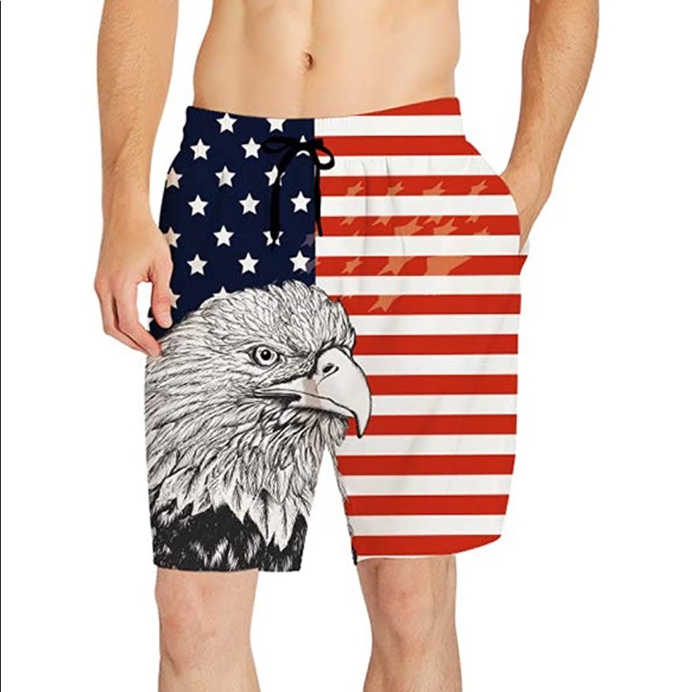 Men’s American Flag USA Eagle Bathing Suit Swim Trunks with Pockets Large